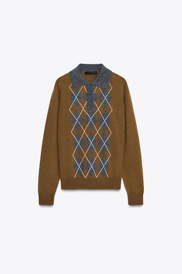 DIAMOND KNIT POLO SWEATER - Light brown by Zara - Image 5