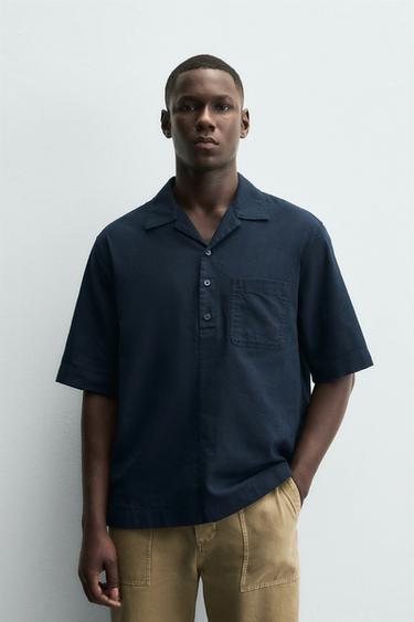COTTON/LINEN POLO SHIRT - Navy blue by Zara
