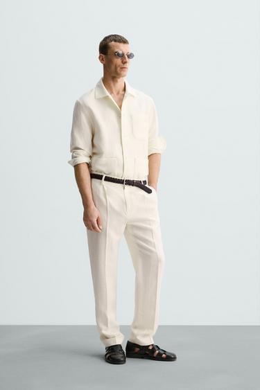 LIMITED EDITION HERRINGBONE LINEN-WOOL TROUSERS - Oyster-white by Zara - Image 0