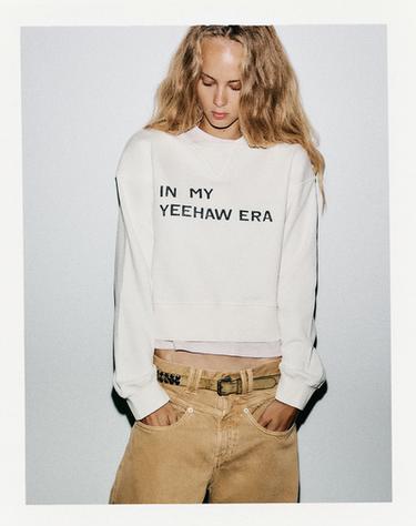 Zara TEXT CROP SWEATSHIRT - Ecru