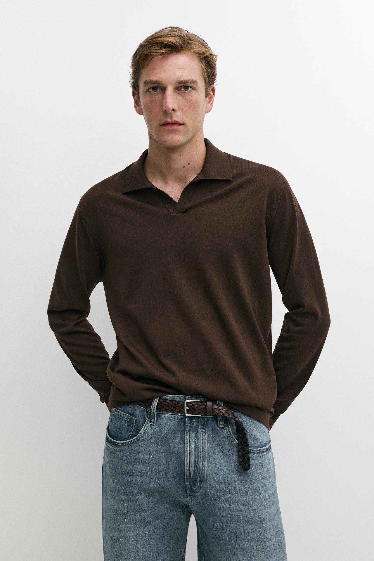 100% merino wool knit polo sweater — Brown / Taupe