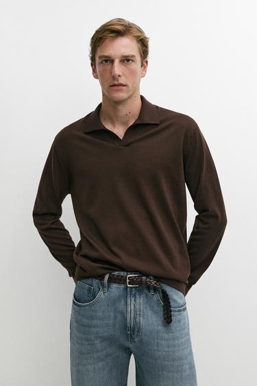 Pull polo 100 % laine mérinos - Marron / Taupe de Zara