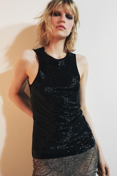 Zara COMBINATION BEADED TOP - Black