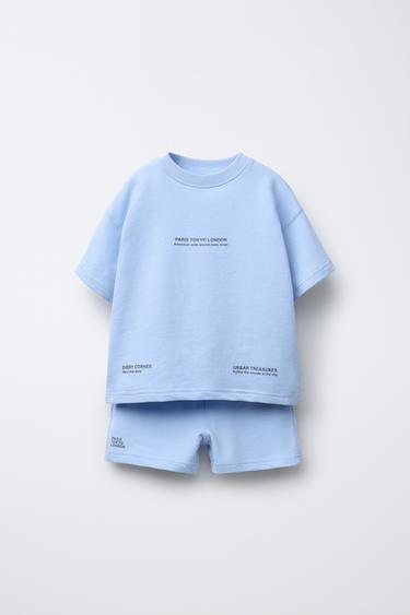 Zara TEXT T-SHIRT AND BERMUDA JOGGING SET - Blue