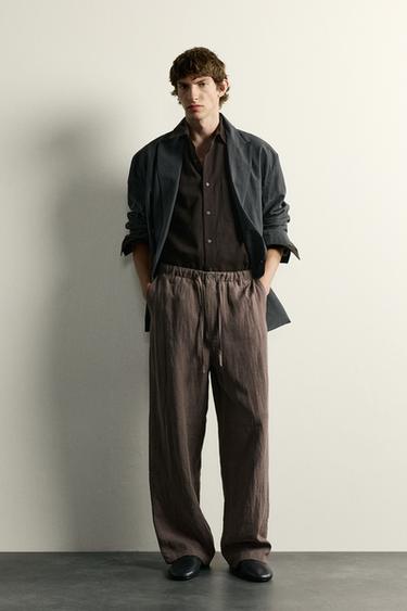 Zara 100% LINEN RELAXED FIT PANTS - Brown / Taupe
