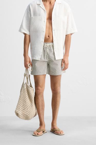 REGULAR GEOMETRIC PRINT SWIMMING TRUNKS - Ecru by Zara - Image 2