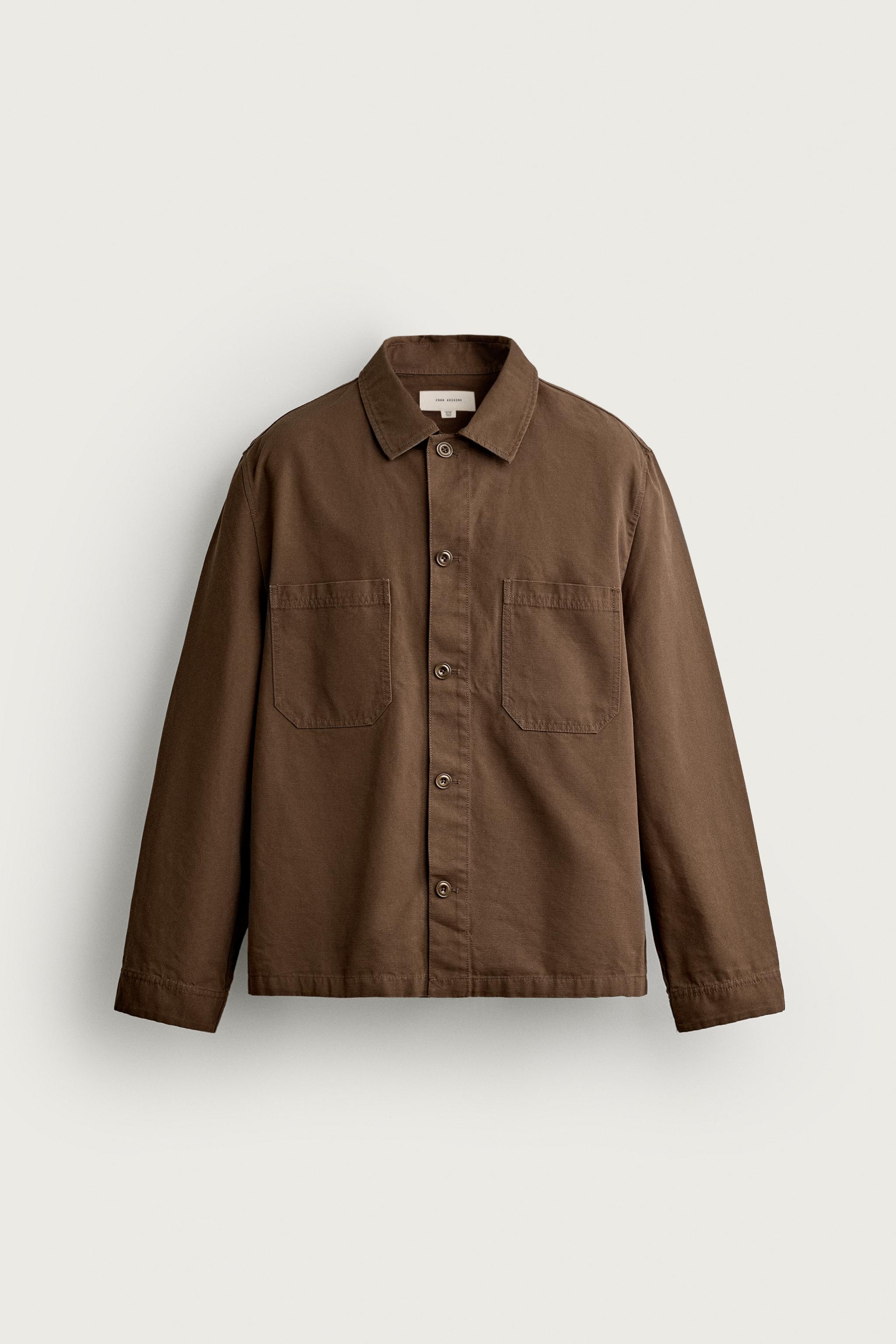 REGULAR FIT CANVAS OVERSHIRT — Brown