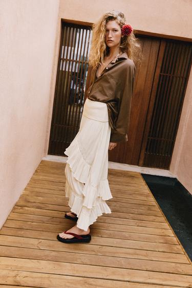 Zara RUFFLED MIDI SKIRT - Beige