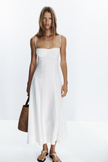 VESTIDO MIDI CORSETERO BORDADOS PERFORADOS - Blanco de Zara