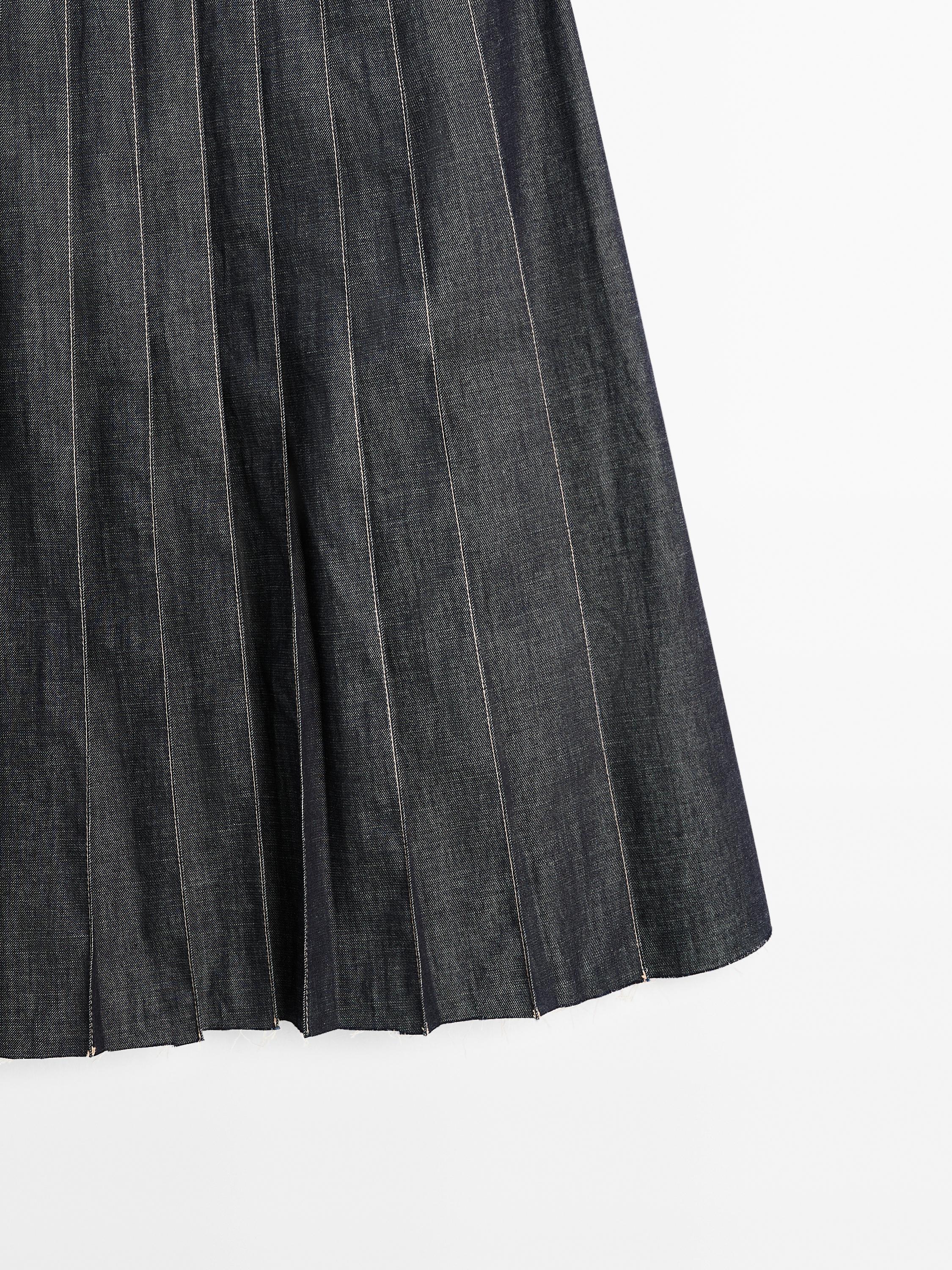 Denim midi skirt with box pleats