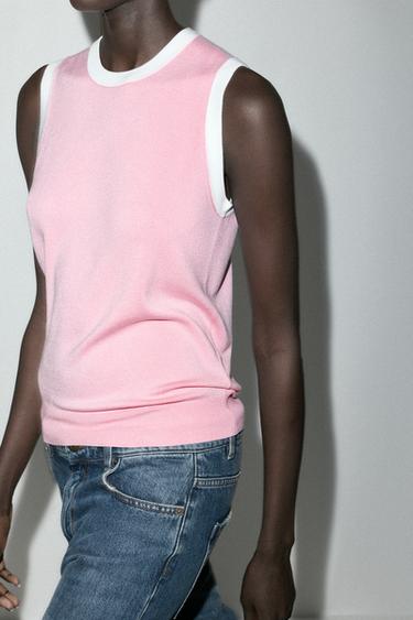 TOP PUNTO MANGA SISA - Rosa / Blanco de Zara
