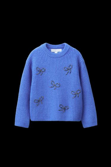 BEADED AND SPARKLY BOW KNIT SWEATER - Blue by Zara - Image 0