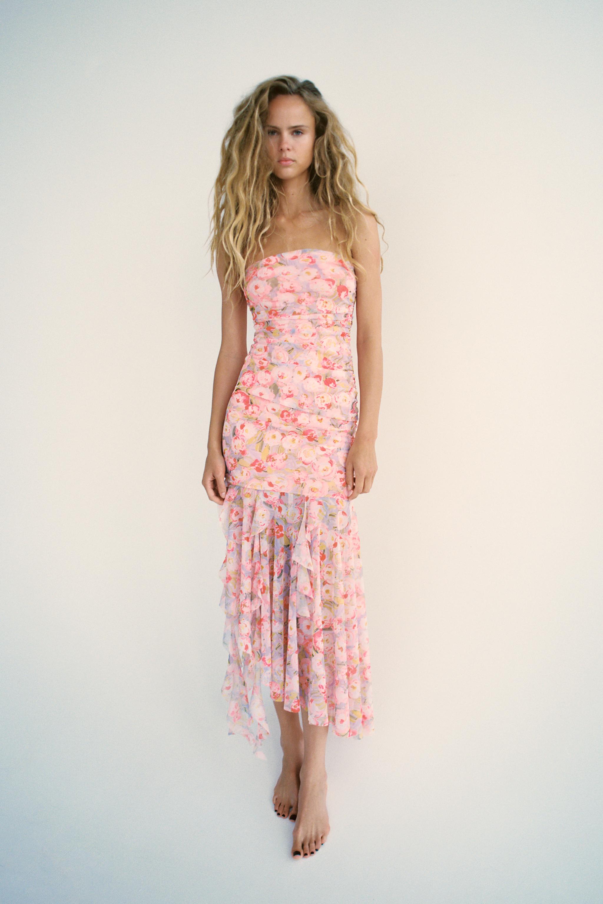 PRINTED TULLE DRESS WITH BANDEAU NECKLINE