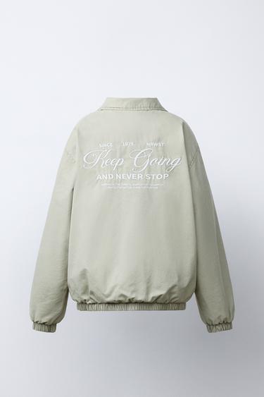 Zara EMBROIDERED TEXT BOMBER JACKET - Beige