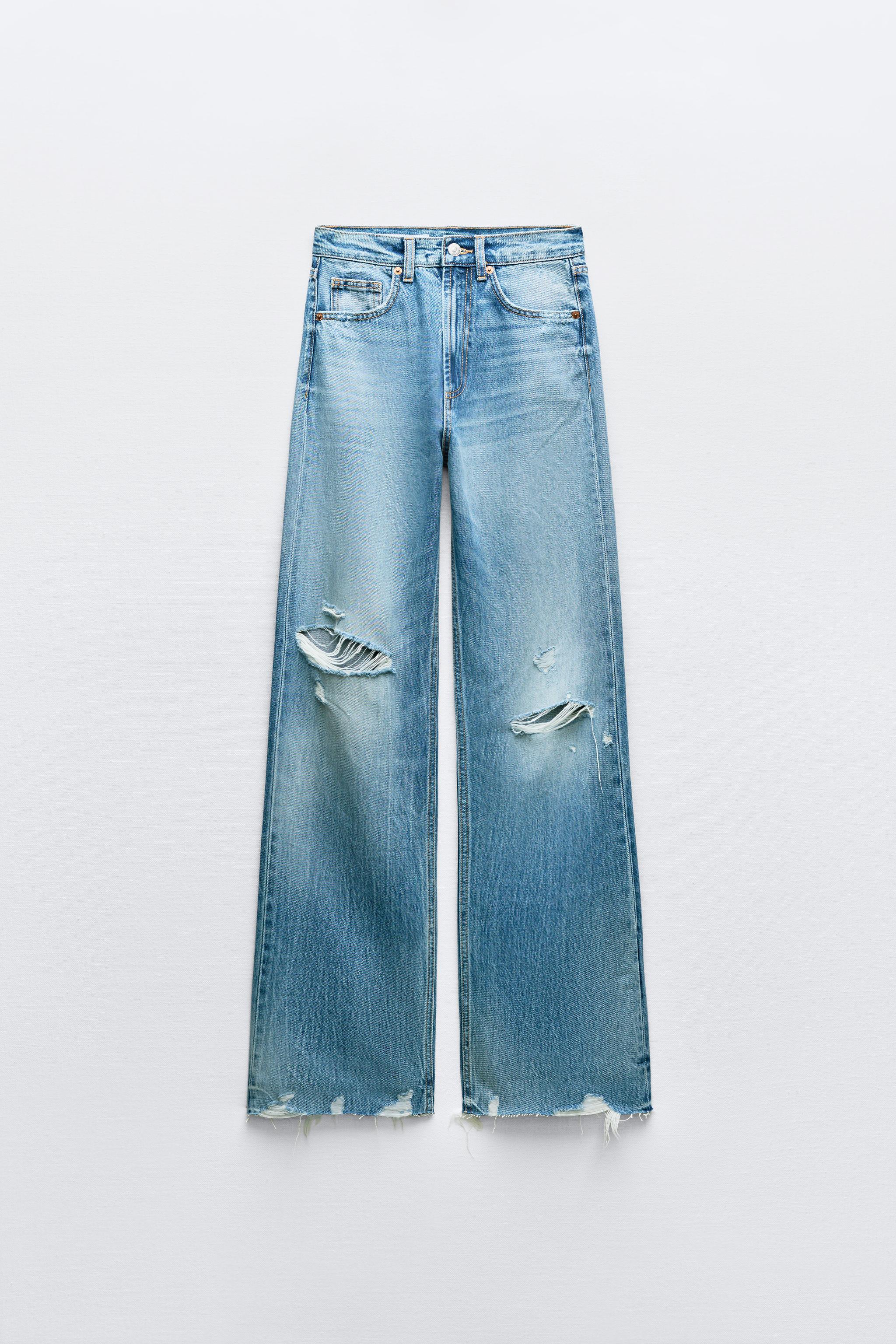 WIDE-LEG HIGH-WAIST RIPPED TRF JEANS - Blue | ZARA United Kingdom