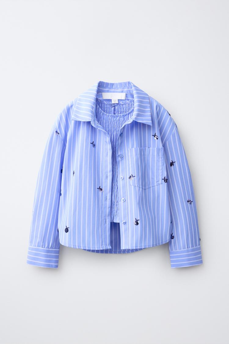 PACK CAMISA Y TOP FRUNCIDO RAYAS Y APLIQUE LENTEJUELAS