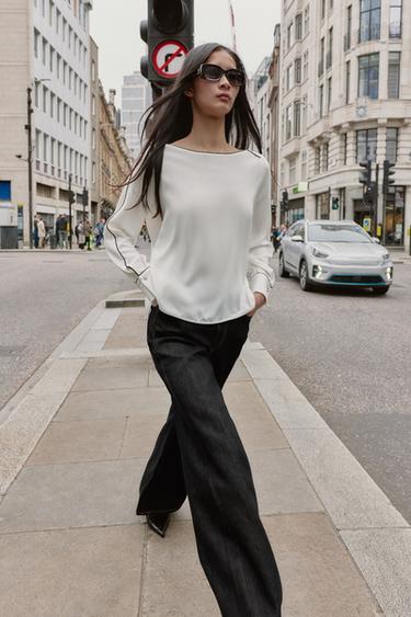 CONTRAST CREPE BLOUSE WITH PIPING - Black / White by Zara - Image 0
