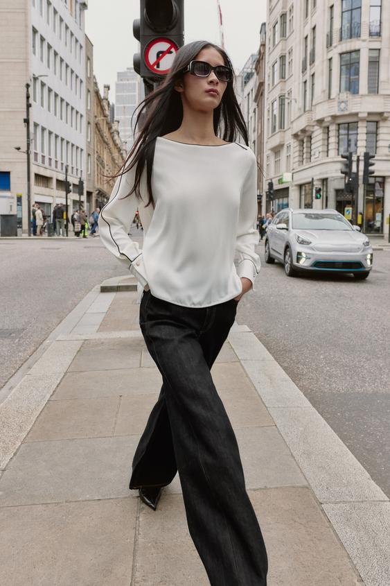 CONTRAST PIPING CREPE BLOUSE