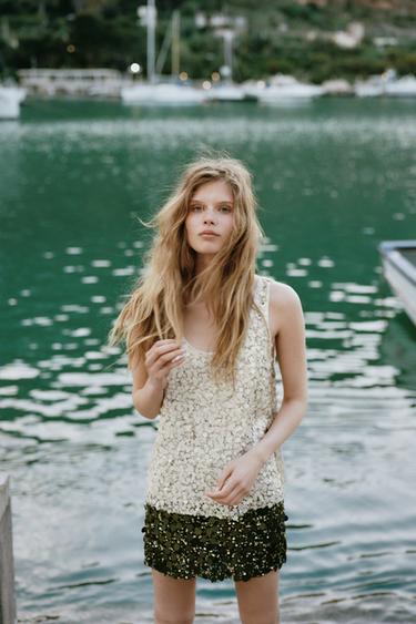 SEQUINNED STRAPPY TOP - Light beige by Zara