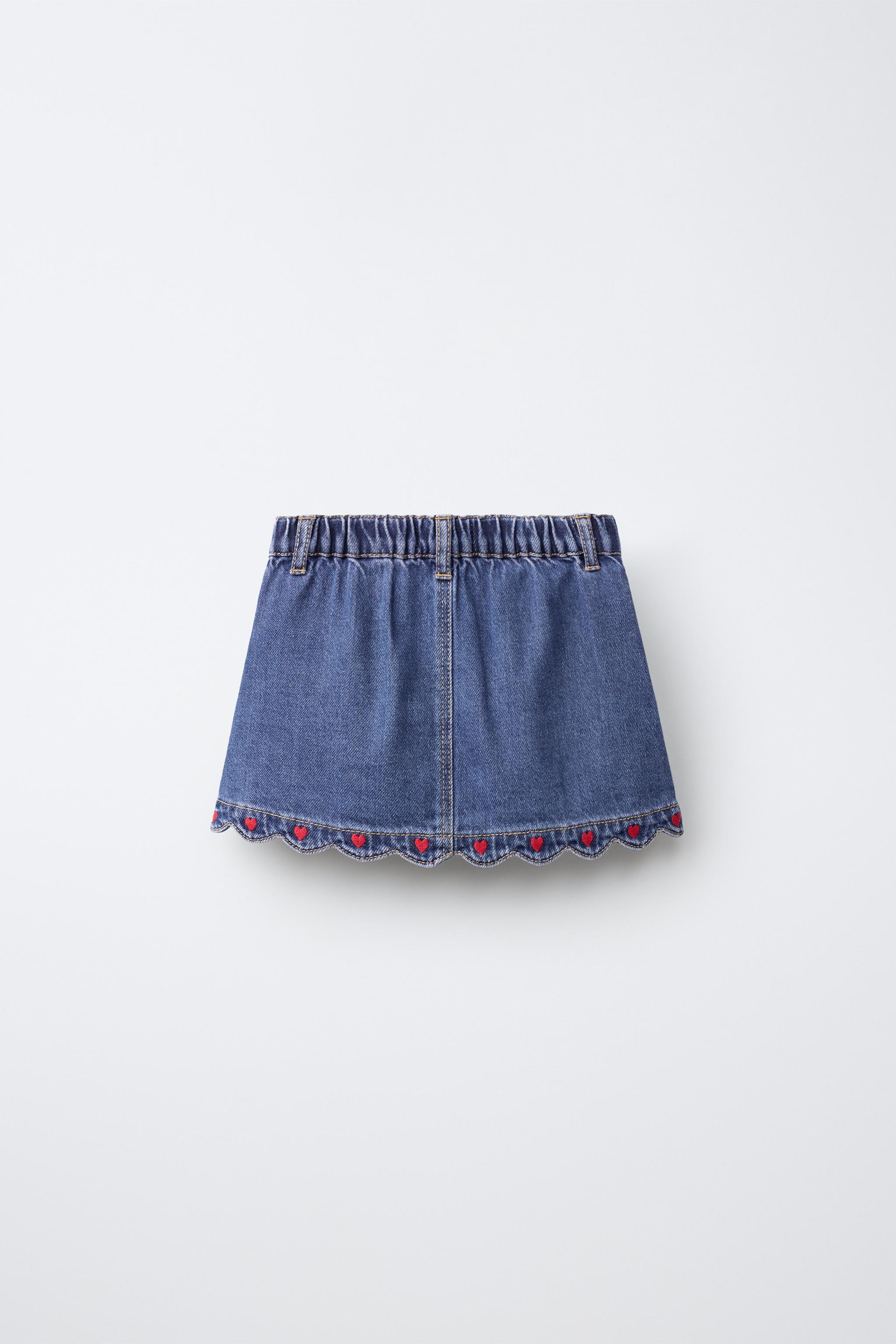 EMBROIDERED HEART DENIM SKIRT — Blue