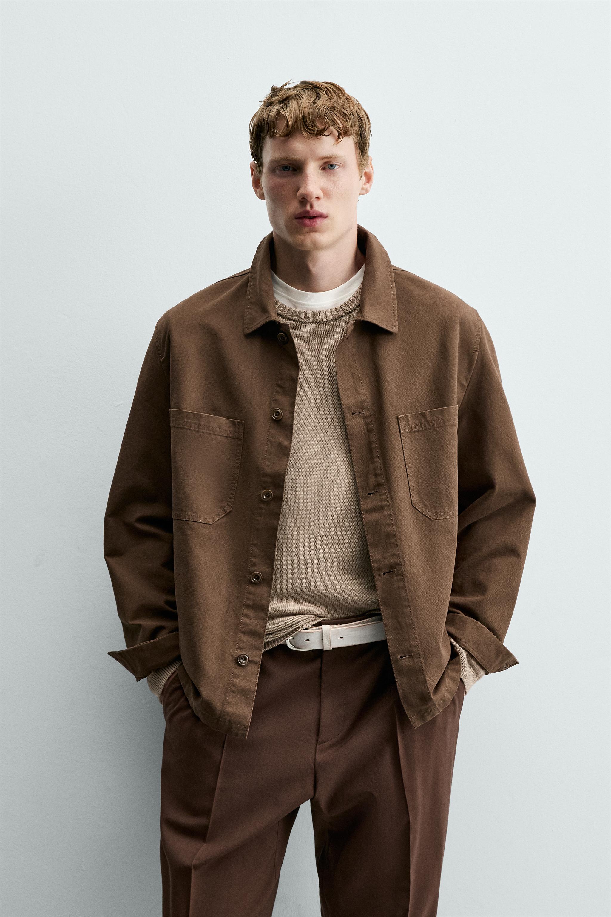 REGULAR FIT CANVAS OVERSHIRT — Brown