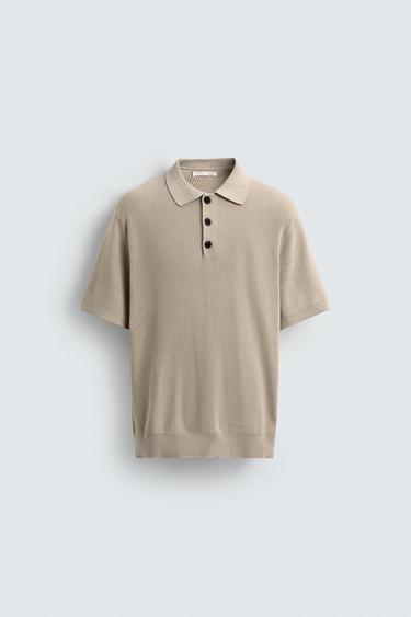 Zara PEARL KNIT POLO SHIRT - taupe brown
