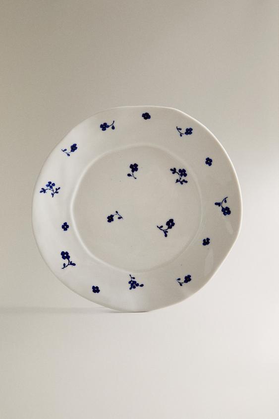 PRATO DE SOBREMESA DE PORCELANA COM FLOR - Branco / Azul-marinho da Zara - Imagem 0