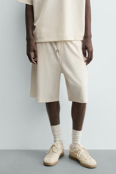 RIB KNIT TEXTURED JOGGER BERMUDA SHORTS - Oyster-white by Zara