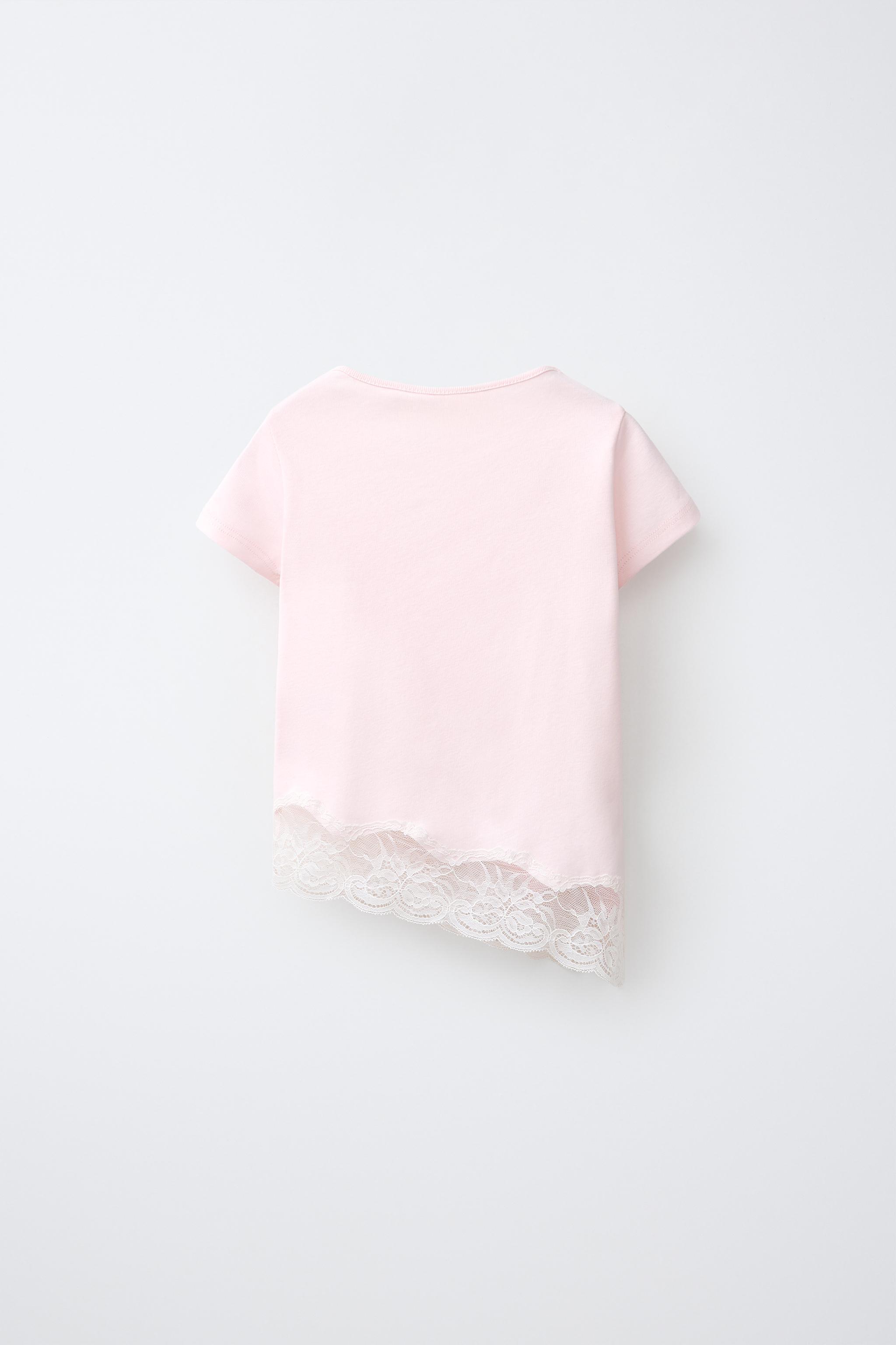 LACE HEM PLAIN T-SHIRT — Pastel pink