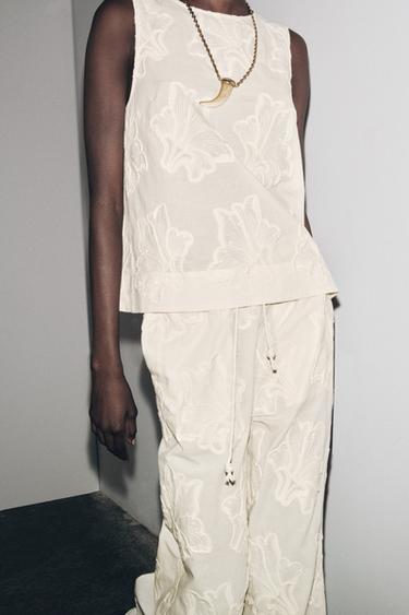Zara ZW COLLECTION EMBROIDERED TOP - Ecru