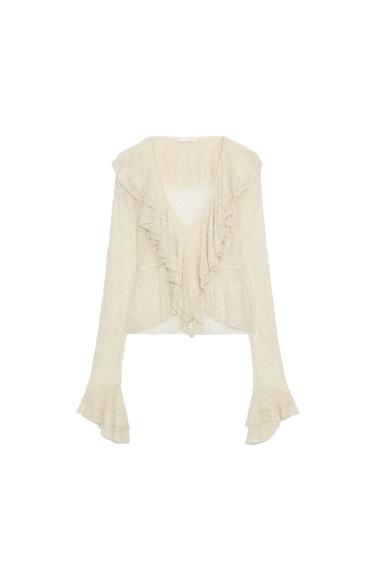 Zara SHINY RUFFLED LACE TOP - Ecru