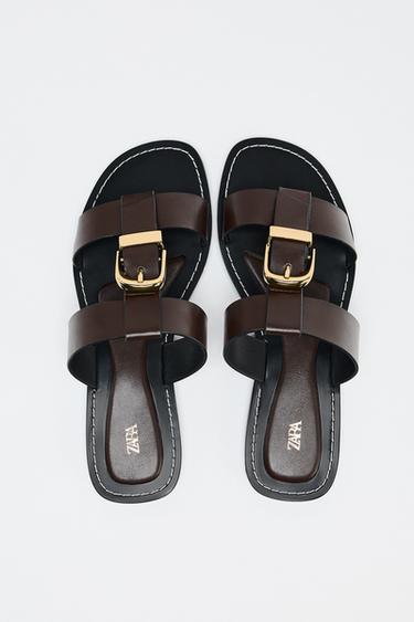 DOUBLE-STRAP FLAT SANDALS WITH BUCKLE - Brown by Zara - Image 7