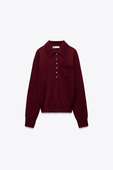 Zara BASIC WOOL BLEND POLO - Maroon