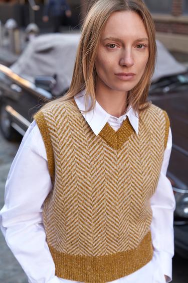 HERRINGBONE WOOL WAISTCOAT - Mustard by Zara