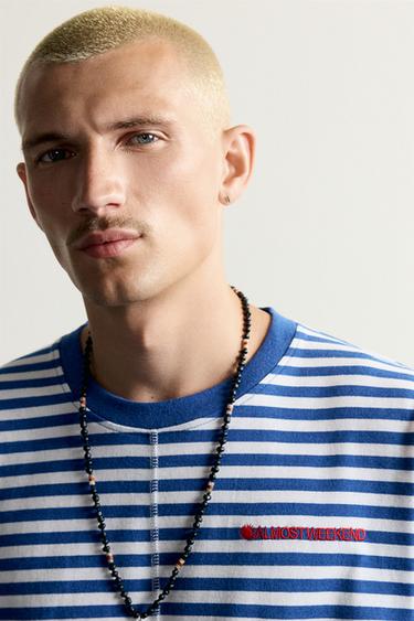 STRIPED JACQUARD EMBROIDERED T-SHIRT - Blue/White by Zara
