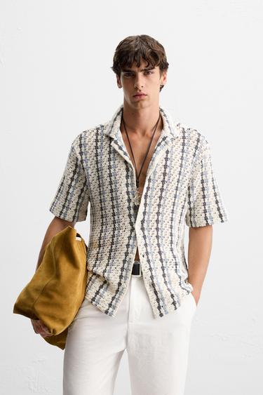 CROCHET TEXTURED SHIRT - White / Navy by Zara