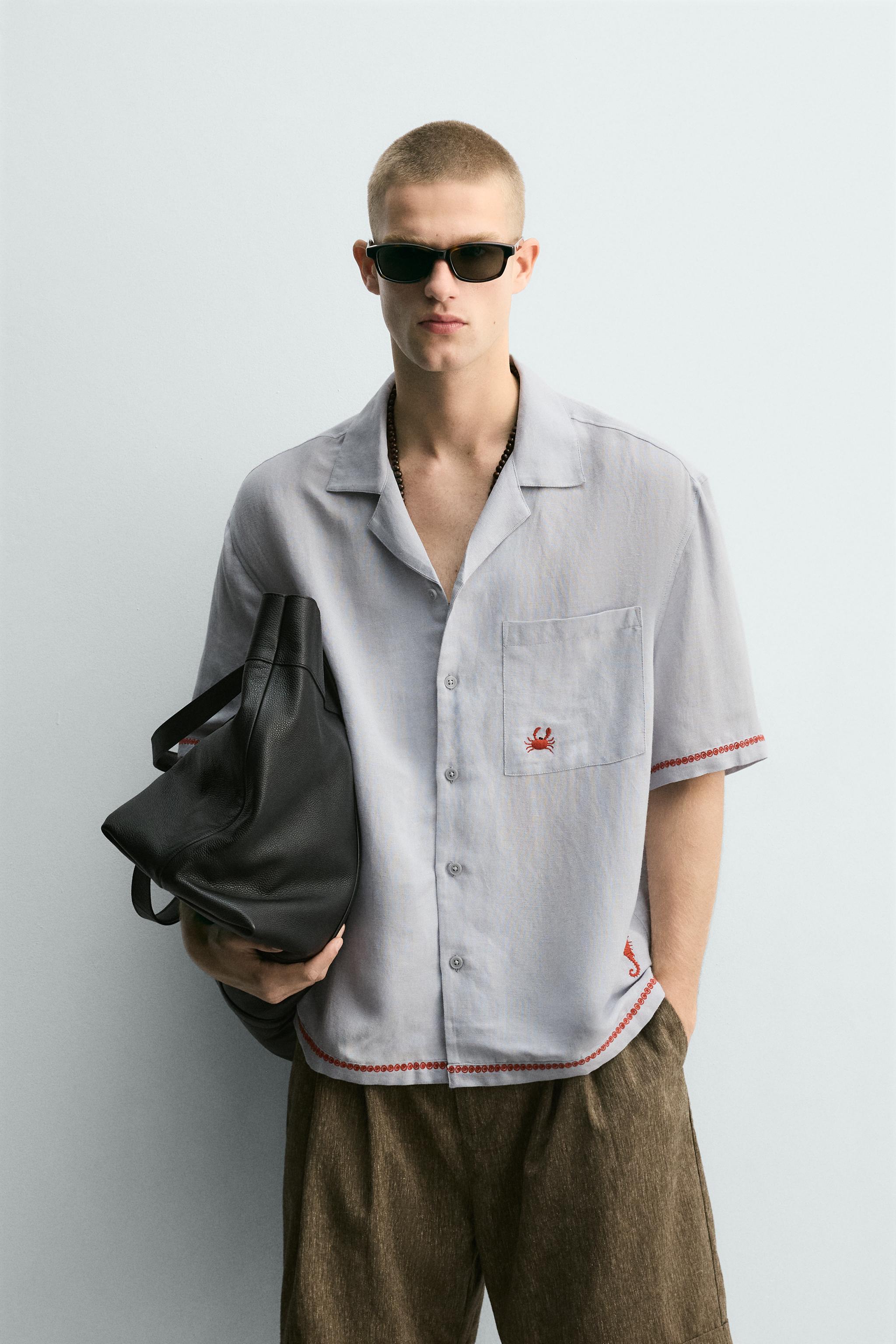 CONTRAST EMBROIDERED VISCOSE - LINEN SHIRT — Light blue
