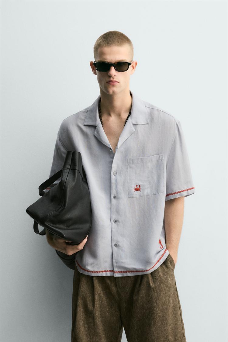 ZARA CONTRAST EMBROIDERED VISCOSE/LINEN SHIRT