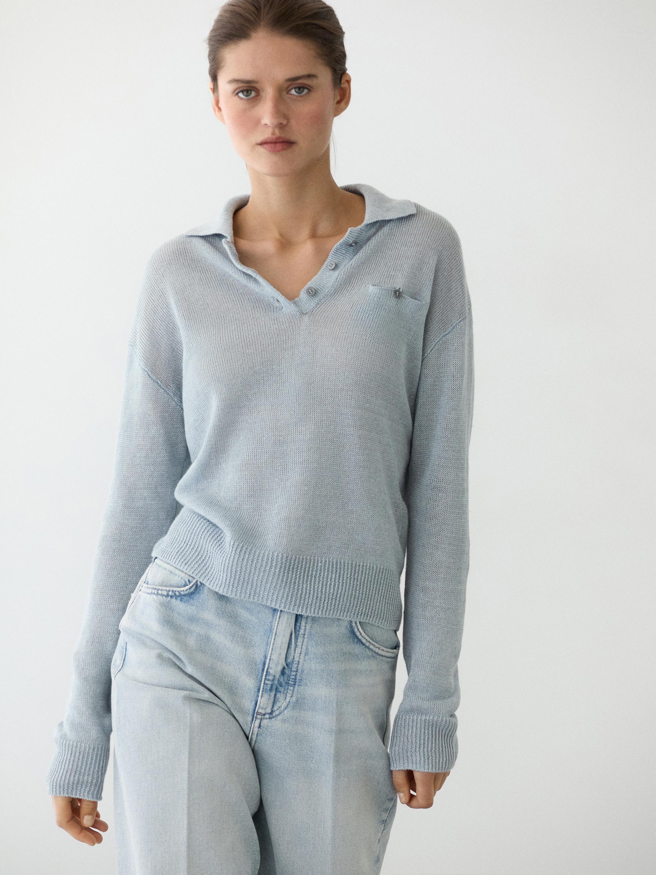 Pull fin en lin à col polo