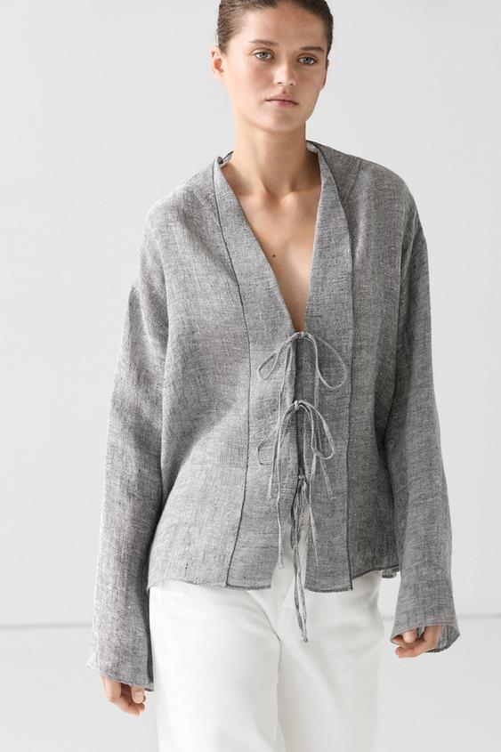 Linen blend blouse with tie details from Zara - $130
