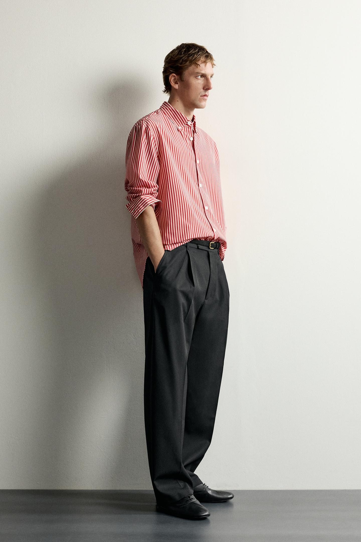 Мужская рубашка Zara Relaxed Fit Striped, цвет: Белый / Красный — фото 4