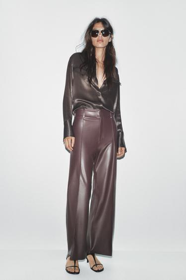 Zara ZW COLLECTION FAUX LEATHER TAILORED WIDE LEG PANTS - Burgundy