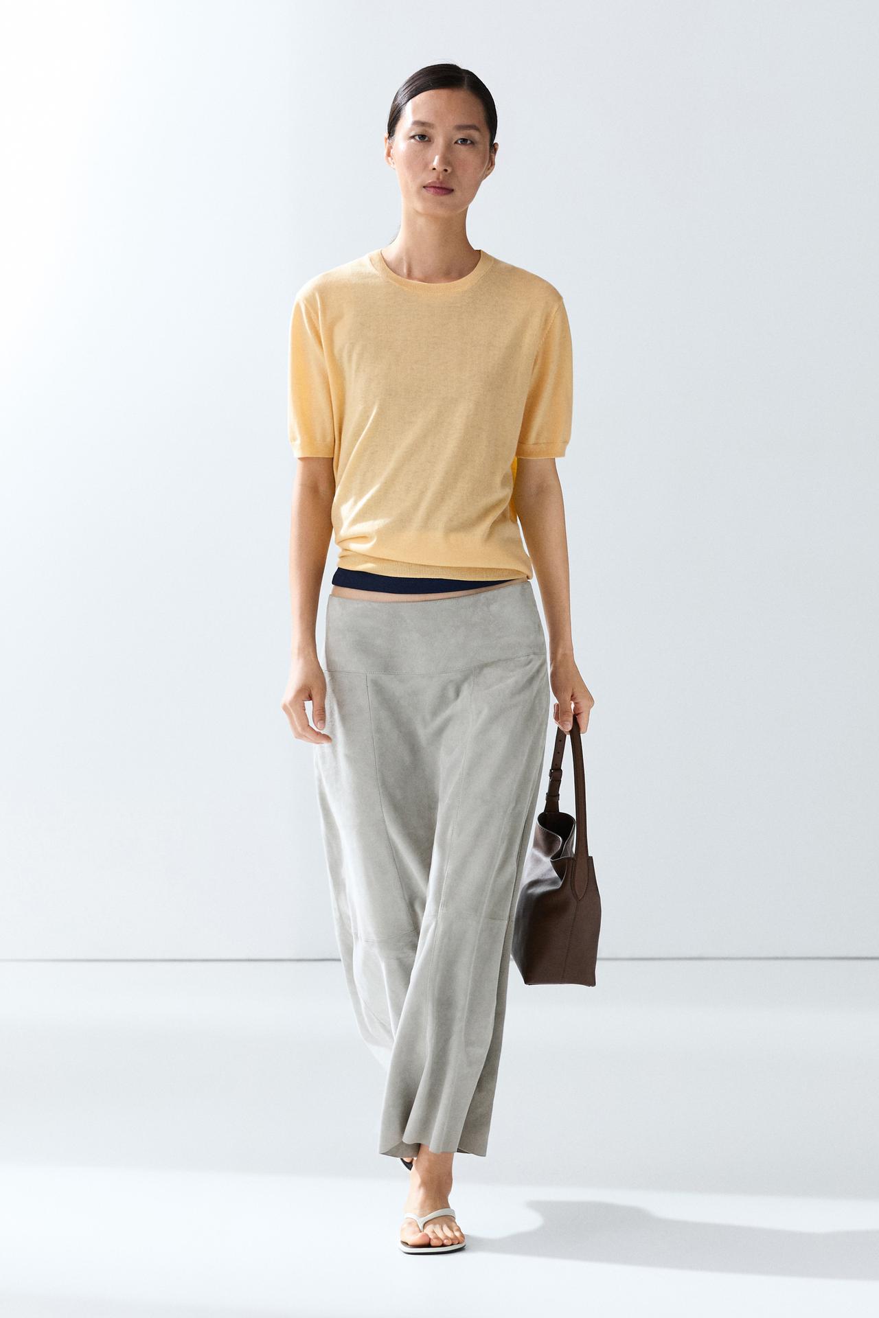 Short-sleeve fine-knit sweater — Yellow