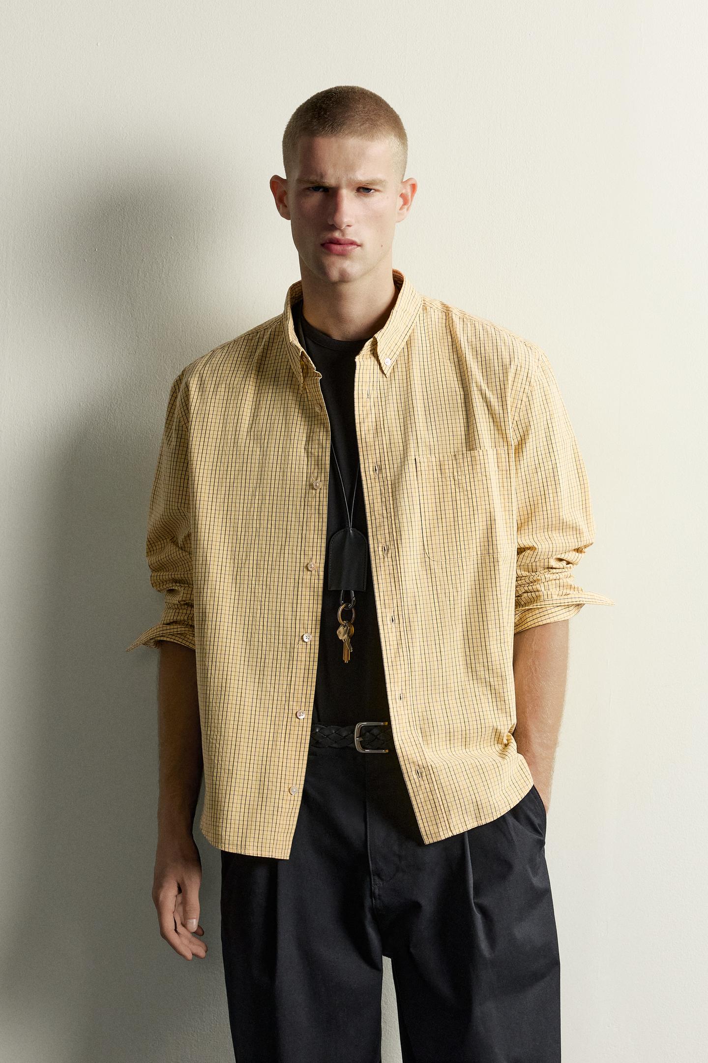 Мужская рубашка Zara Checked Relaxed Fit Cotton, цвет: Светлый жёлтый — фото 2