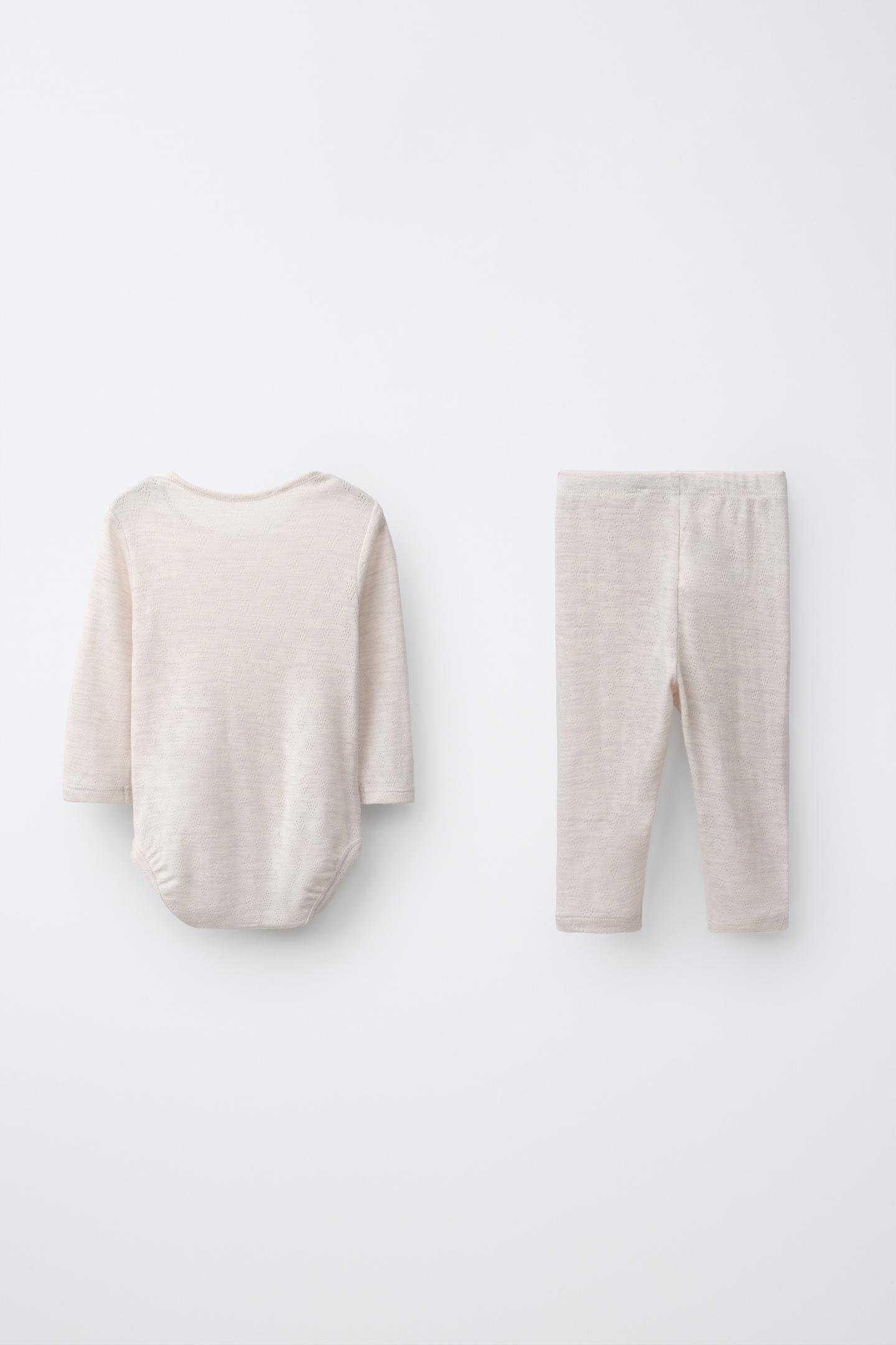 Детский комплект Zara 100% Wool Solid Bodysuit and Leggings Set, цвет: Песочный / Меланжевый — фото 2