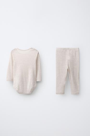 100% WOOL SOLID BODYSUIT AND LEGGINGS SET — Sand / Marl 2