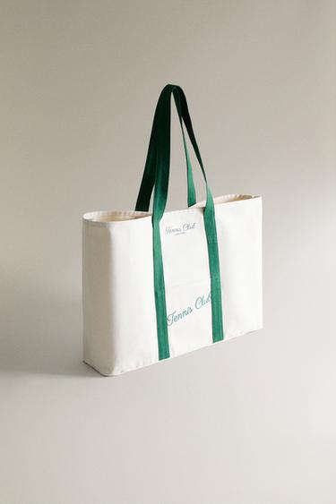 COTTON CANVAS BAG WITH CONTRAST HANDLES - Ecru / Green by Zara - Image 1