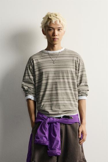 STRIPED JACQUARD BOXY FIT T-SHIRT — Stone 2