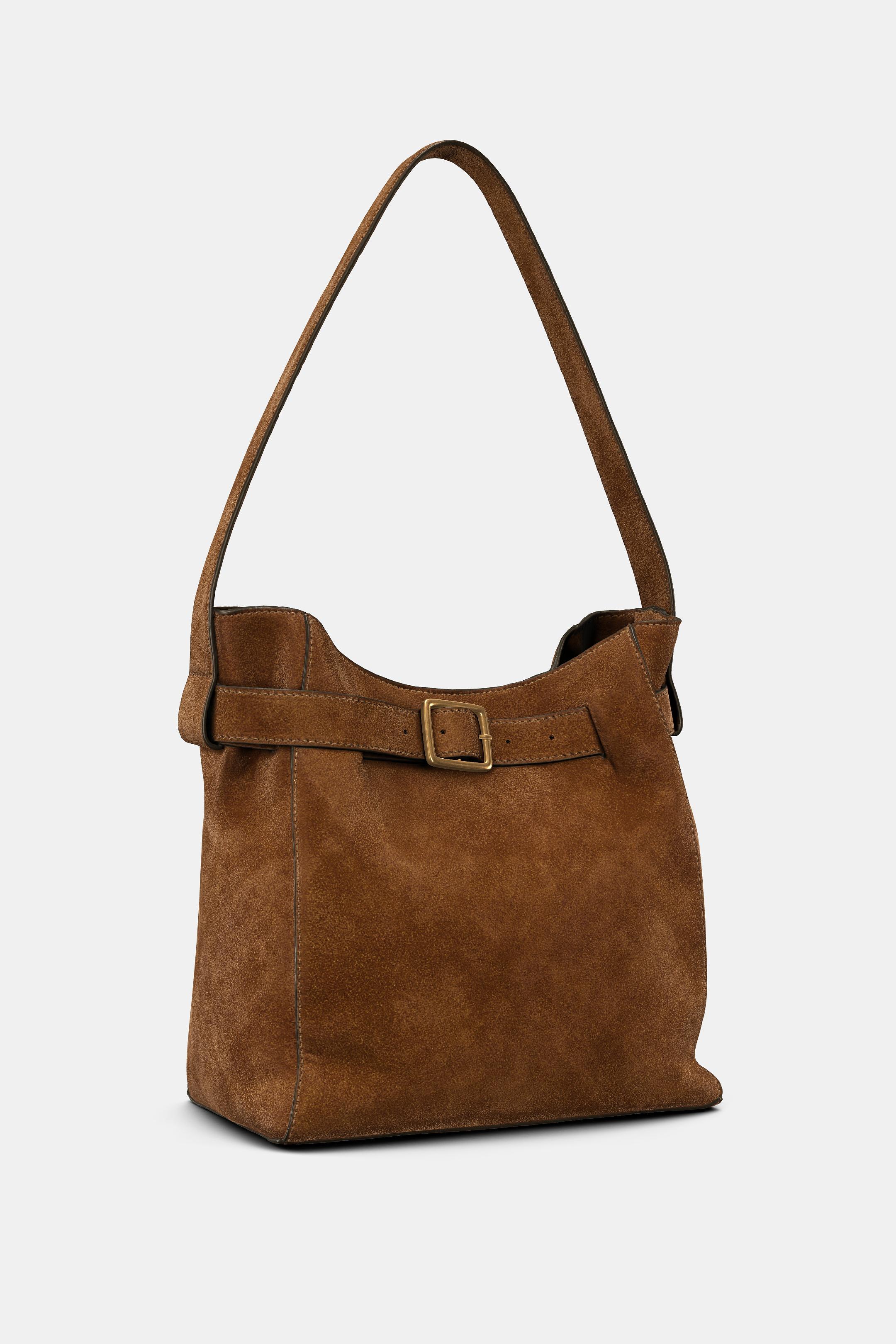 Zara 皮革水桶包附腰帶細節 - 棕色