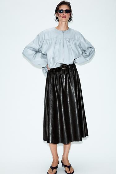 Zara FAUX LEATHER A-LINE MIDI SKIRT WITH BELT - Black